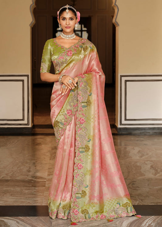 Pastel Pink & Green Ombre Soft Banarasi Silk Embroidered Saree