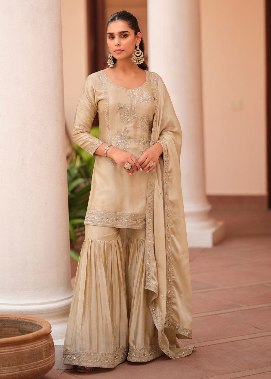 Readymade Beige Embroidered Silk Sharara Suit Set with Dupatta