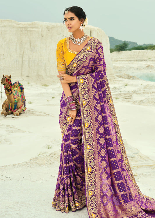 Purple Khaddi Georgette Embroidered Bandhani Saree & Yellow Blouse