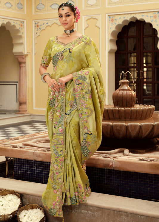 Lime Green Soft Banarasi Silk Embroidered Saree