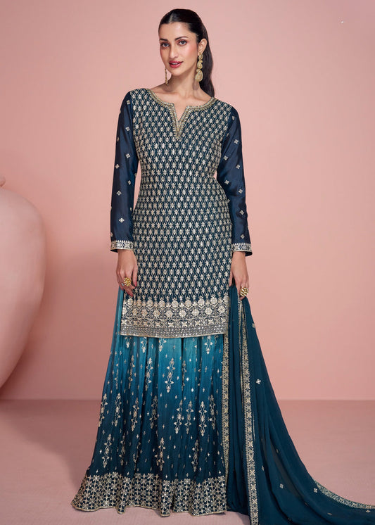 Peacock Blue Readymade Ombre Chinon Silk Sharara Suit Set