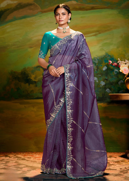 Crushed Satin Tissue Purple Embroidered Saree & Contrast Green Blouse