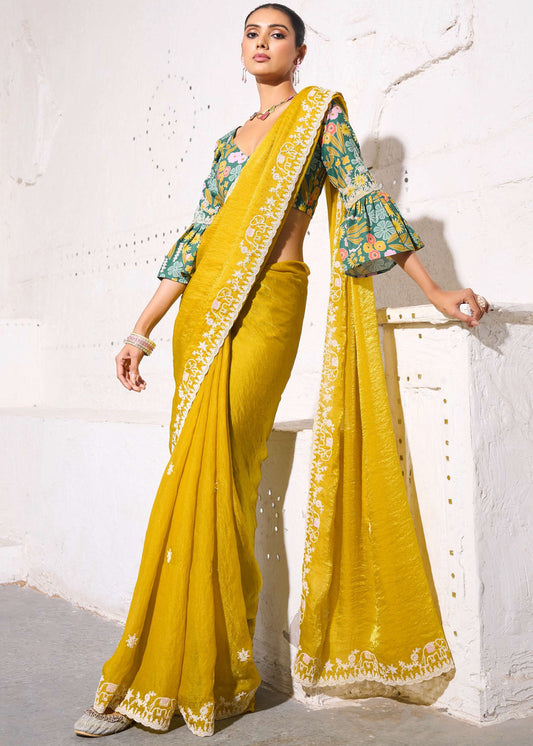 Crushed Tissue Yellow Embroidered Saree & Green Printed Blouse
