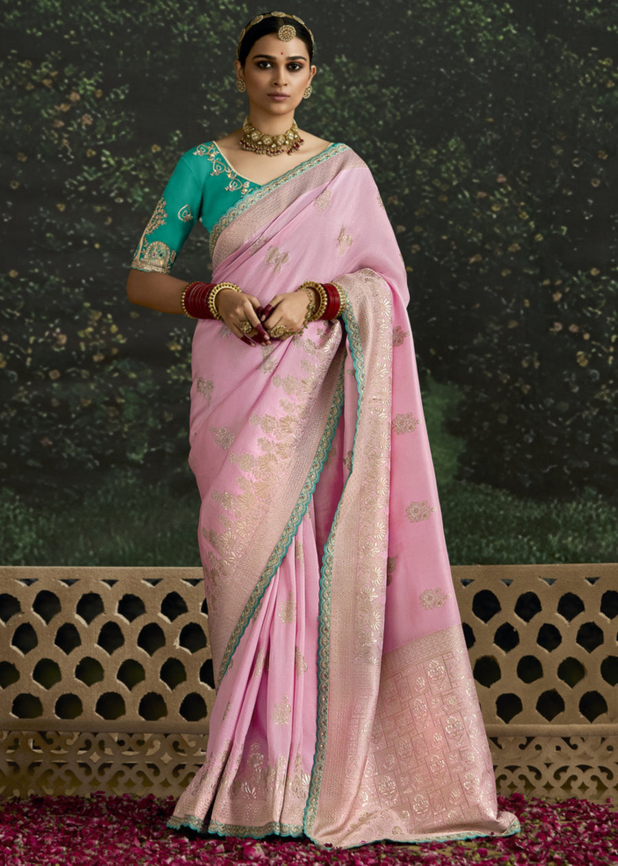 Pastel Pink Dola Banarasi Silk Saree & Green Embroidered Blouse