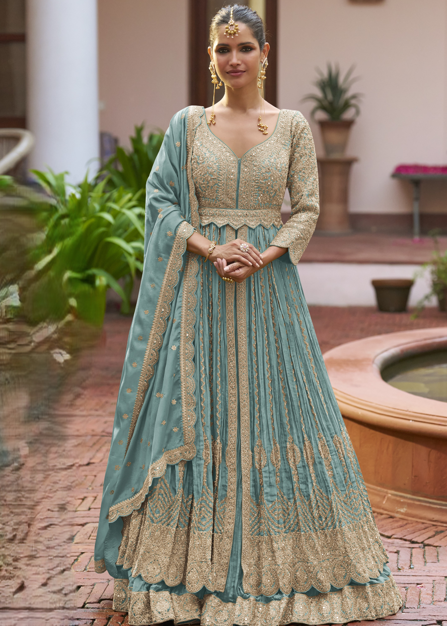 Pastel Blue Chinon Silk Anarkali Suit With Ghagra Skirt