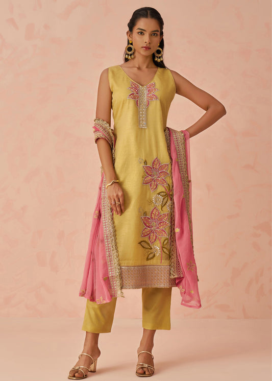 Yellow Readymade Crushed Silk Pant Style Suit Set