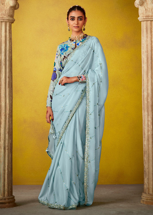 Pastel Blue Glass Tissue Silk Embroidered Saree With Printed Blouse