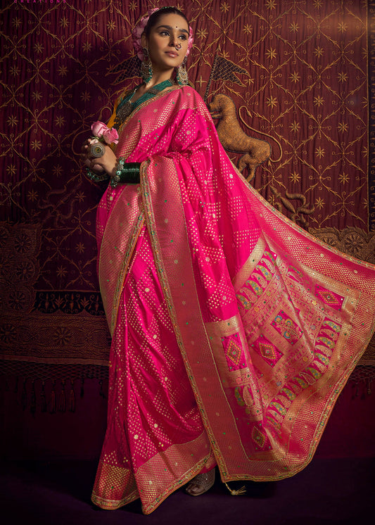 Banarasi Dola Silk Hot Pink Handloom Saree & Contrast Yellow Embroidered Blouse