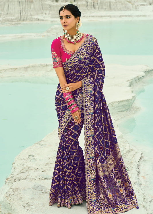 Violet Purple Khaddi Georgette Embroidered Bandhani Saree & Rani Pink Blouse