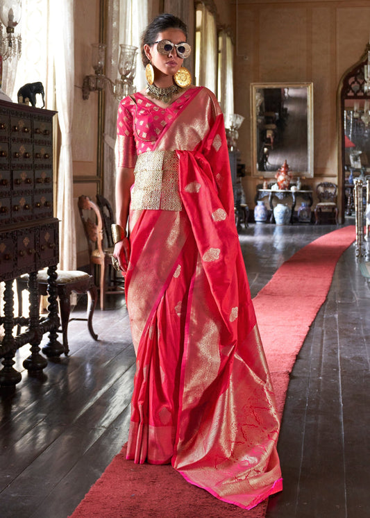 Soft Banarasi Silk Pinkish Red Handloom Weaving Saree