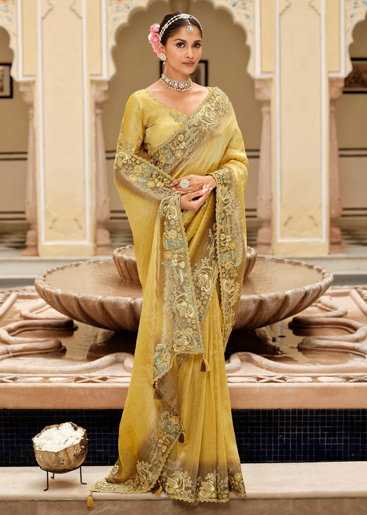 Yellow Soft Banarasi Silk Embroidered Saree