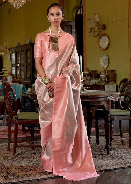 Peach Zari Work Handloom Weaving Kanjivaram Silk Saree