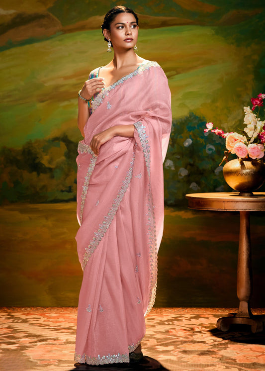 Satin Tissue Pink Embroidered Saree & Multicolor Banarasi Blouse