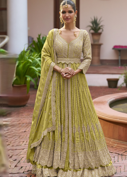 Lime Green Chinon Silk Anarkali Suit With Ghagra Skirt