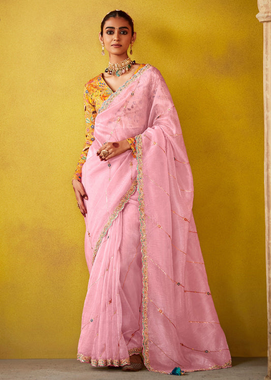 Pastel Pink Glass Tissue Silk Embroidered Saree & Yellow Printed Blouse