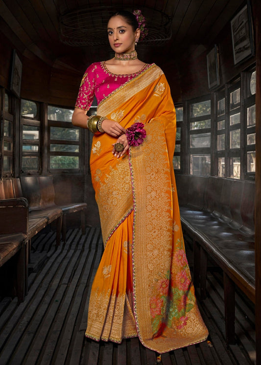 Banarasi Dola Silk Orange Saree & Pink Embroidered Blouse