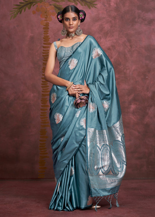 Pure Banarasi Satin Silk Handloom Zari Weaving Blue Saree