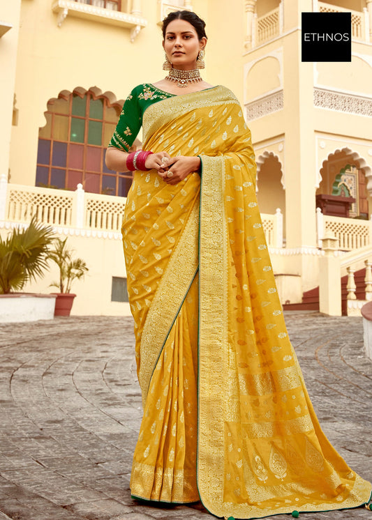Dola Banarasi Silk Yellow Saree With Contrast Green Embroidered Blouse