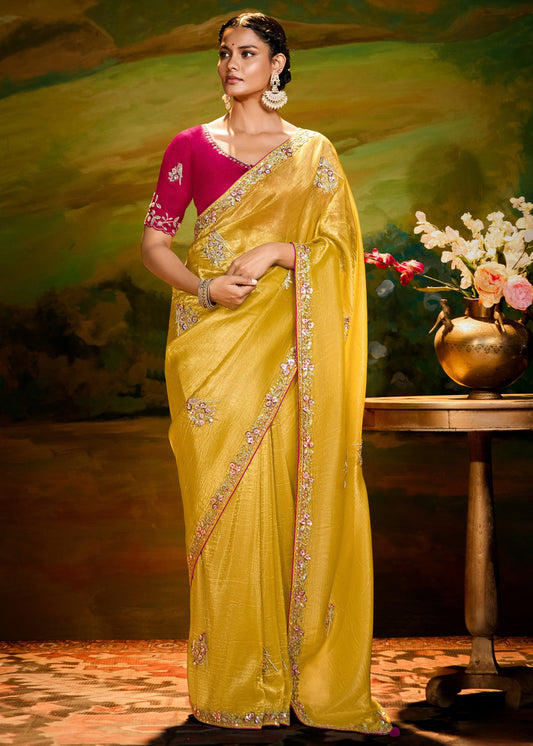 Crushed Satin Tissue Yellow Embroidered Saree & Red Blouse