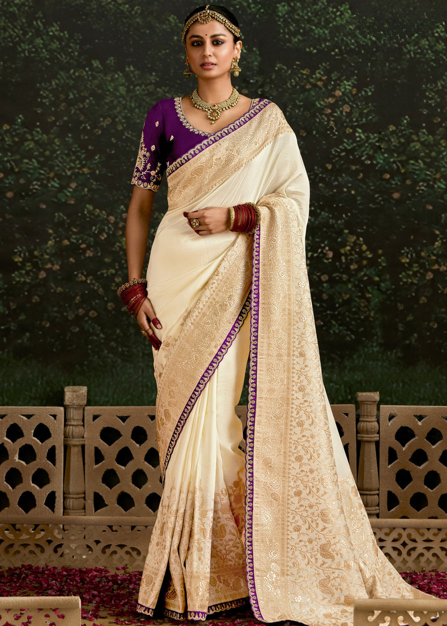 Off White Dola Banarasi Silk Saree & Beetroot Pink Embroidered Blouse