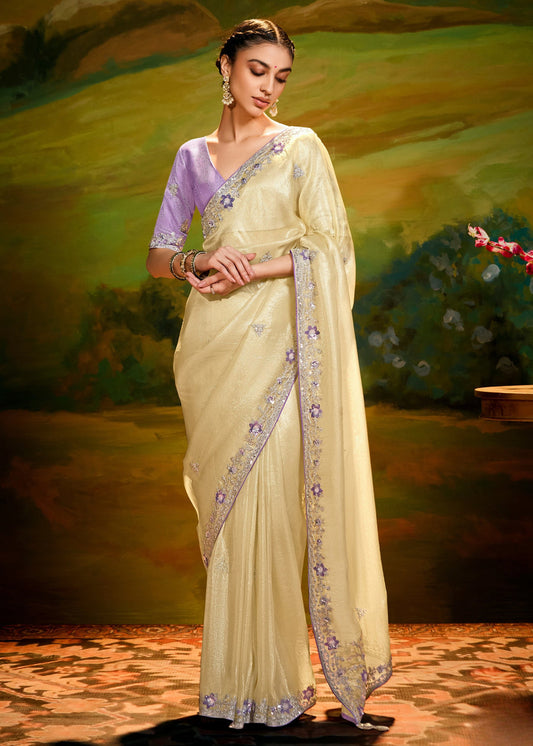Crushed Satin Tissue Butter Yellow Embroidered Saree & Purple Blouse