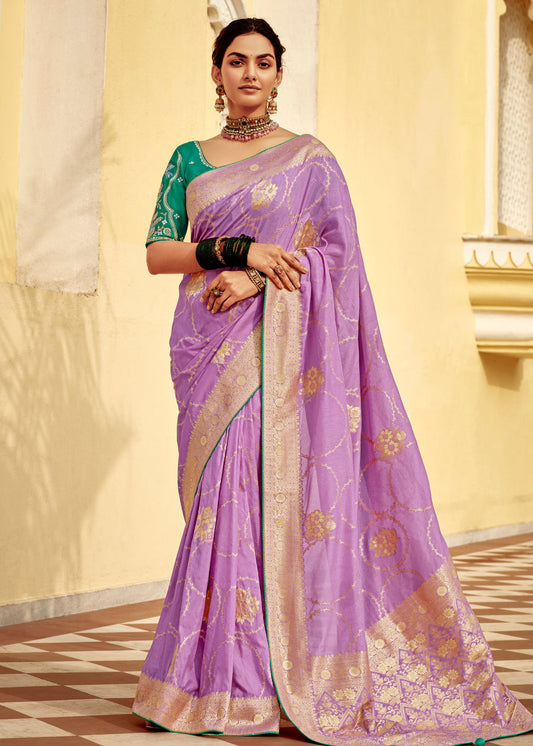 Dola Banarasi Silk Purple Saree With Contrast Green Embroidered Blouse