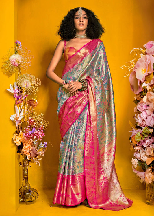 Pastel Blue and Pink Kanjivaram Silk Handloom Saree