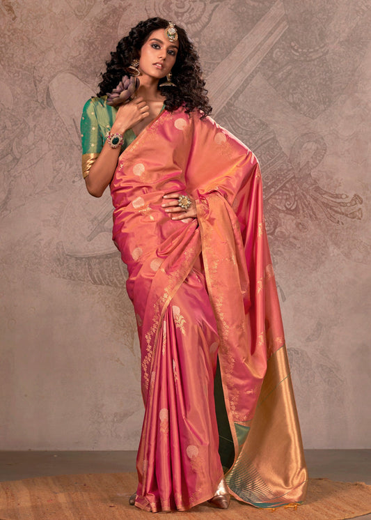 Soft Handloom Banarasi Silk Pinkish Peach Saree With Contrast Green Blouse