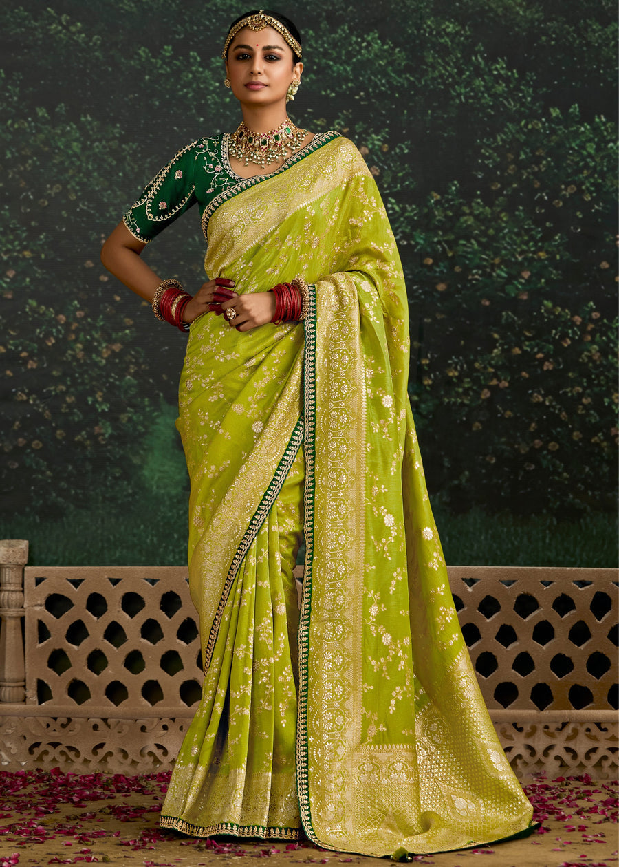 Lime Green Dola Banarasi Silk Saree & Dark Green Embroidered Blouse