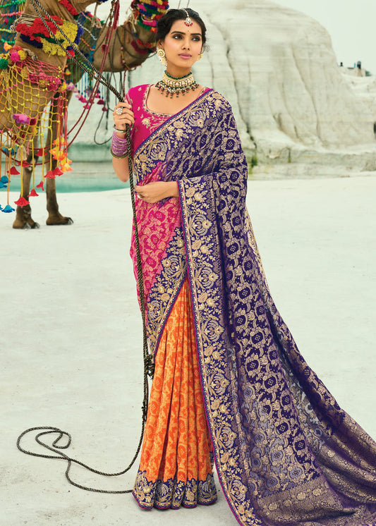 Orange Blue & Pink Multicolor Khaddi Georgette Embroidered Bandhani Saree