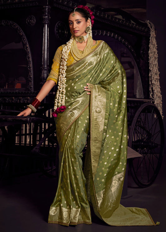 Banarasi Tissue Silk Green Handloom Saree & Contrast Yellow Embroidered Blouse