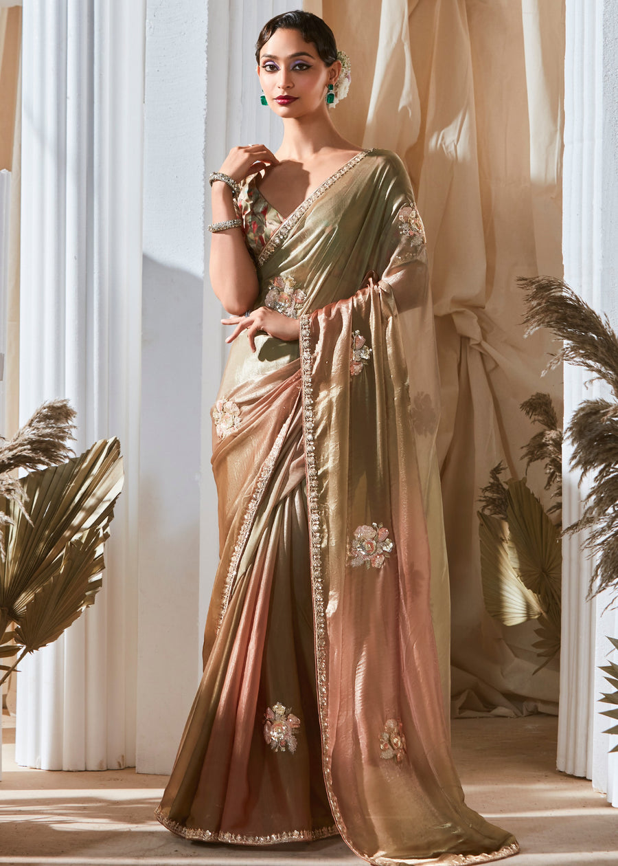 Pastel Brown & Olive Green Organza Tissue Silk Embroidered Saree & Printed Blouse