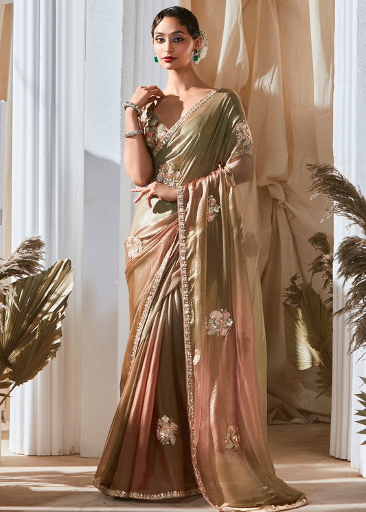 Pastel Brown & Olive Green Organza Tissue Silk Embroidered Saree & Printed Blouse
