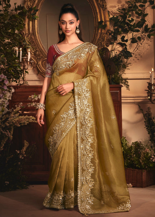 Mustard Yellow Organza Tissue Silk Saree & Red Blouse With Embroidery Work