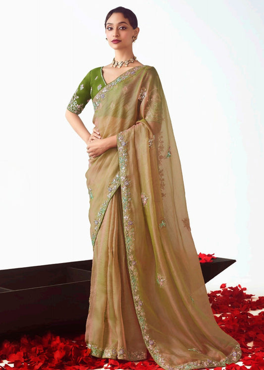 Golden Organza Tissue Silk Embroidered Saree with Contrast Green Blouse