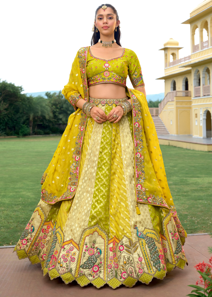 Lime Green & Yellow Silk Bridal Lehenga Choli