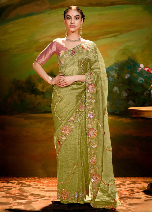 Crushed Satin Tissue Olive Green Embroidered Saree & Pink Banarasi Blouse