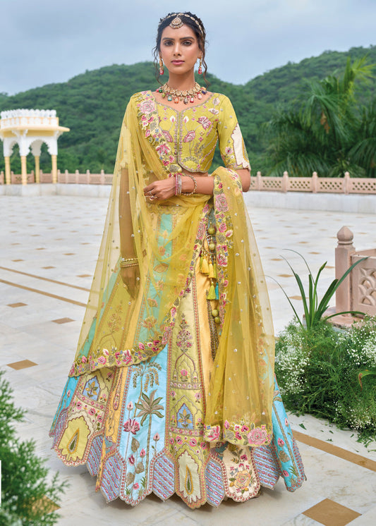 Pastel Green and Pastel Blue Silk Lehenga Choli