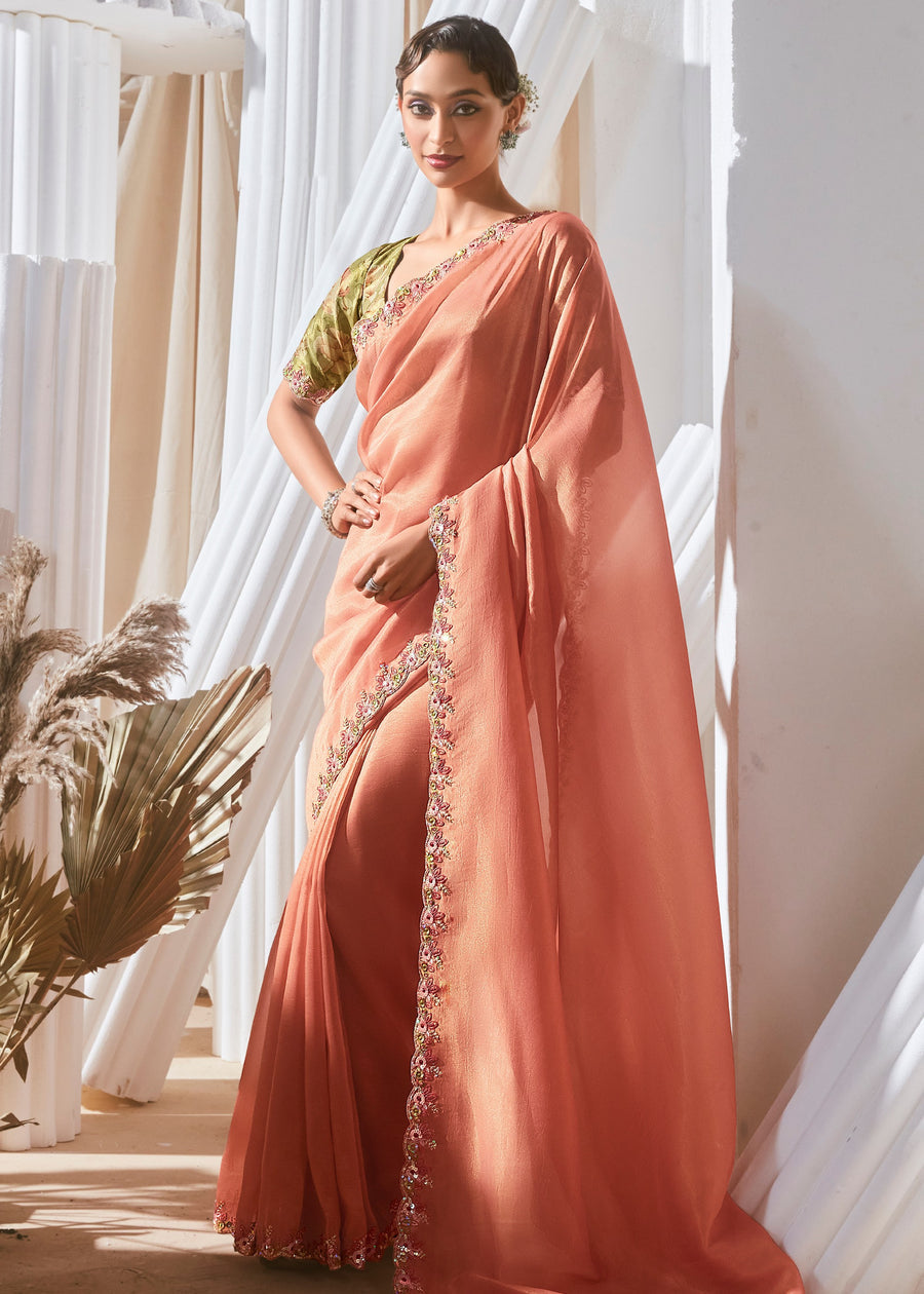 Light Orange Organza Tissue Silk Embroidered Saree & Green Printed Blouse