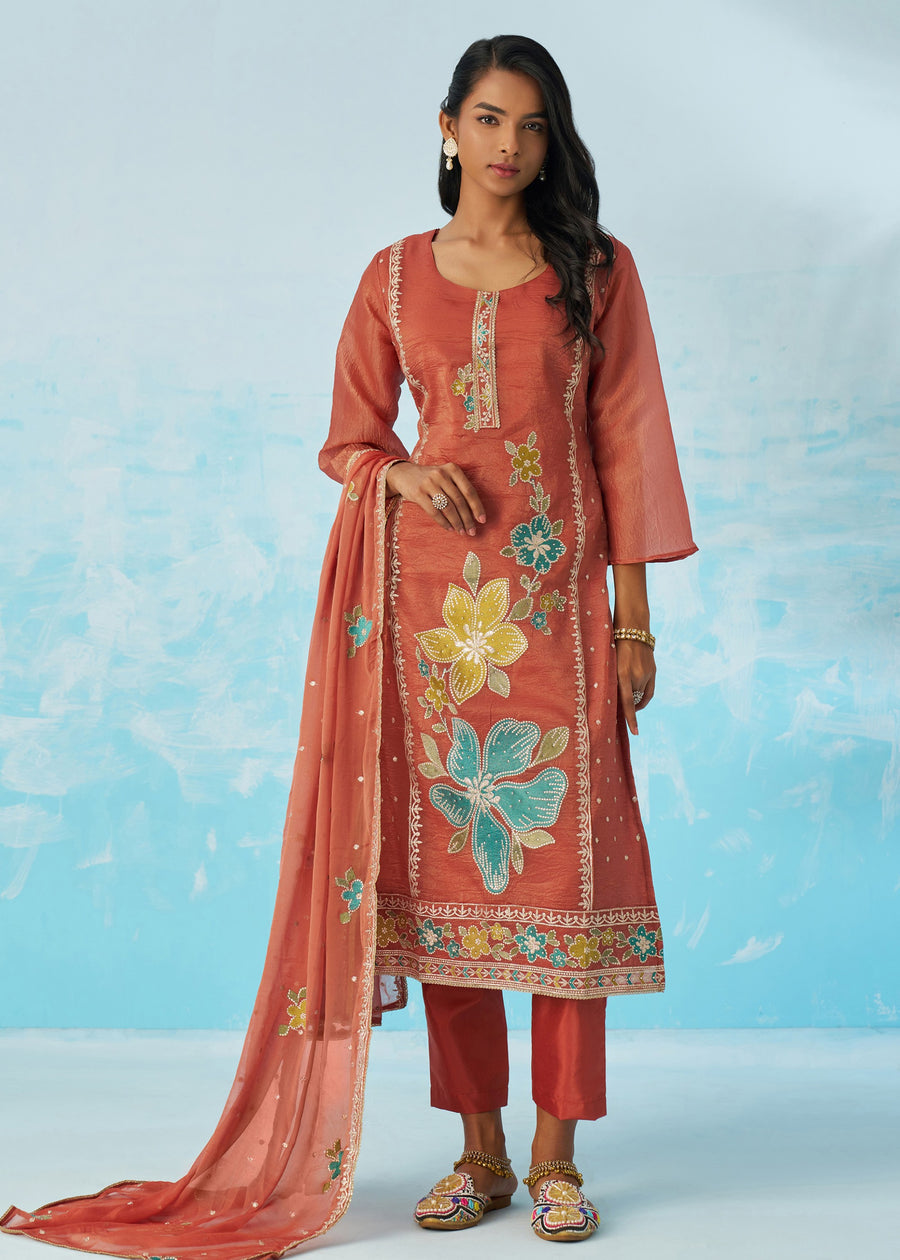 Rust Brown Crushed Tissue Silk Ethnic Pant Style Suit With Dupatta