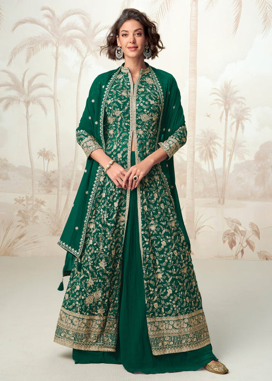 Green Readymade Jacket Style Anarkali Georgette Suit Set