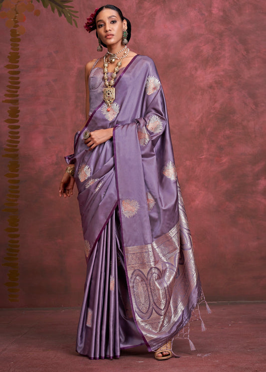 Pure Banarasi Satin Silk Handloom Zari Weaving Purple Saree