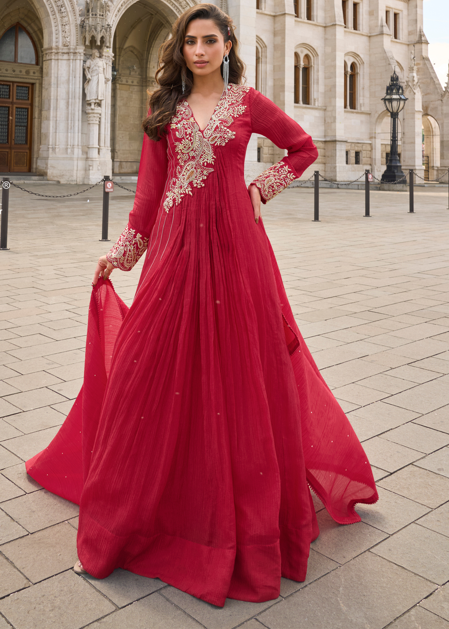 Red Anarkali Style Chinon Silk Gown Suit With Dupatta