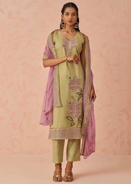 Green Readymade Crushed Silk Pant Style Suit Set