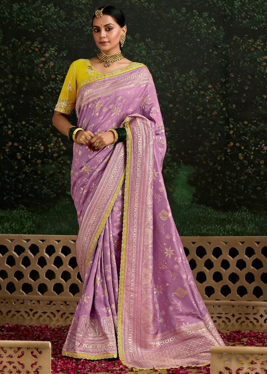 Lavender Purple Dola Banarasi Silk Saree & Yellow Embroidered Blouse