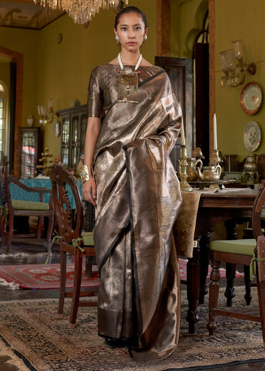 Copper & Black Zari Work Handloom Weaving Kanjivaram Silk Saree