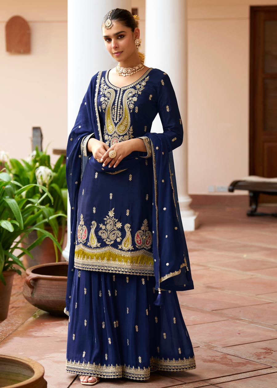 Designer Navy Blue Chinon Silk Sharara Suit Set With Dupatta