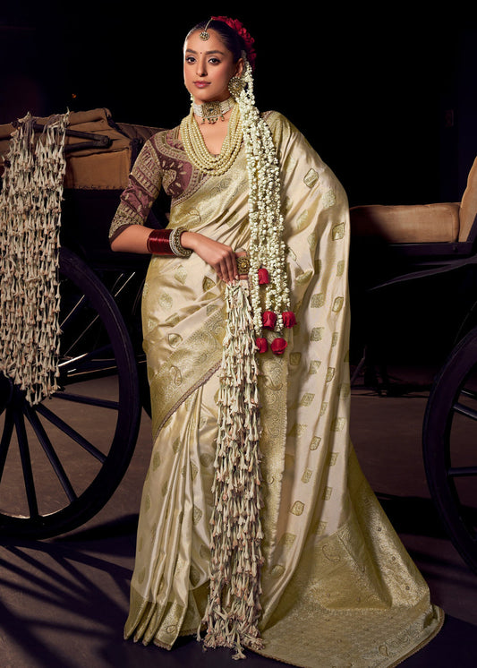 Banarasi Tissue Silk Pearl White Handloom Saree & Contrast Brown Embroidered Blouse