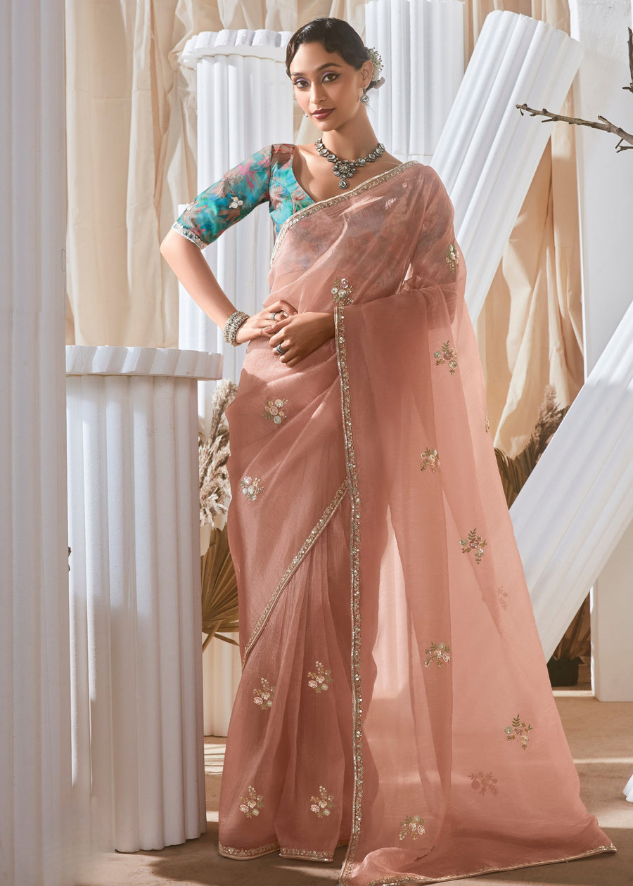 Peach Organza Tissue Silk Embroidered Saree & Printed Turquoise Blue Blouse