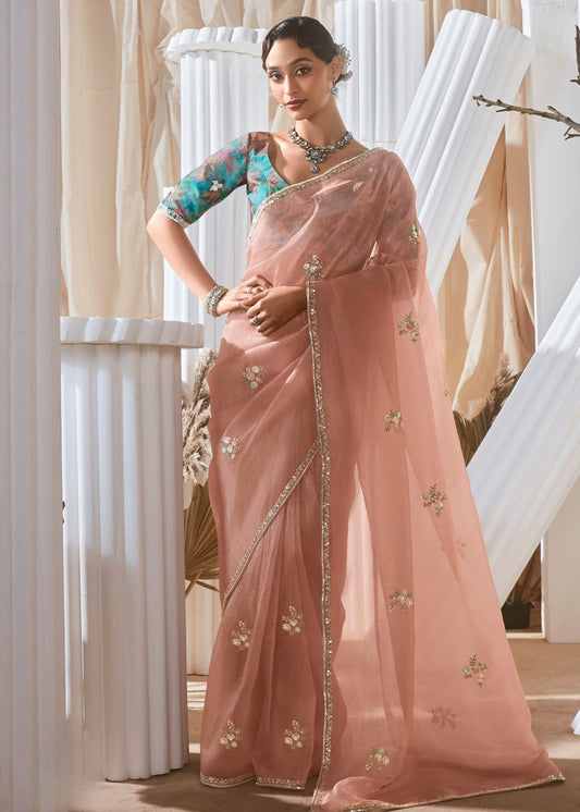 Peach Organza Tissue Silk Embroidered Saree & Printed Turquoise Blue Blouse